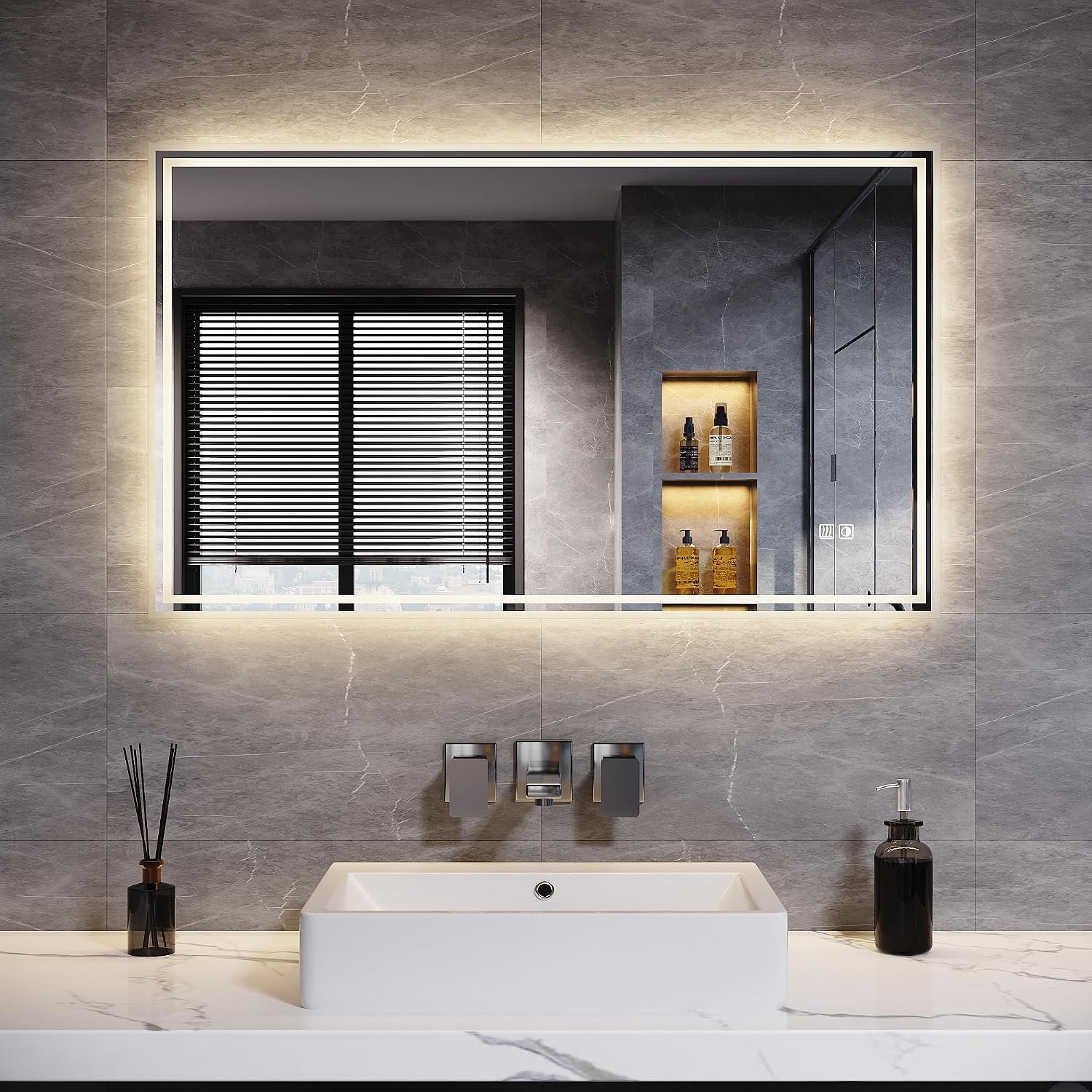ELEGANT 1000 x 600mm Backlit LED Illuminated Bathroom Mirror with 3-Color Dimmable Lights, Lighted Bathroom Makeup Wall Mounted Mirror with Demister Pad, Sensor Touch Switch, Horizontal/Vertical
