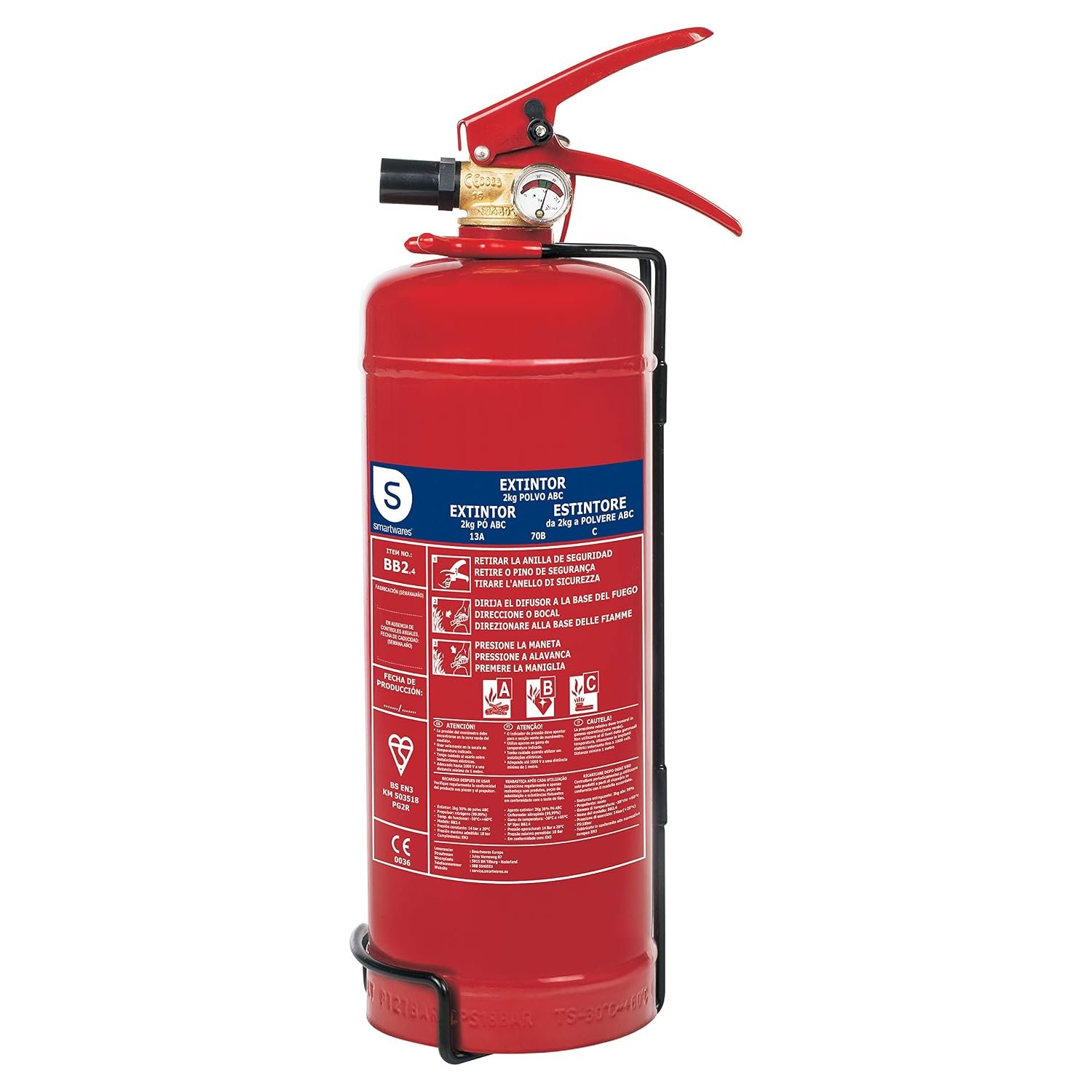 Smartwares Powder extinguisher - 2 kg - for ABC fires - Suitable for vehicles & homes - With mounting bracket