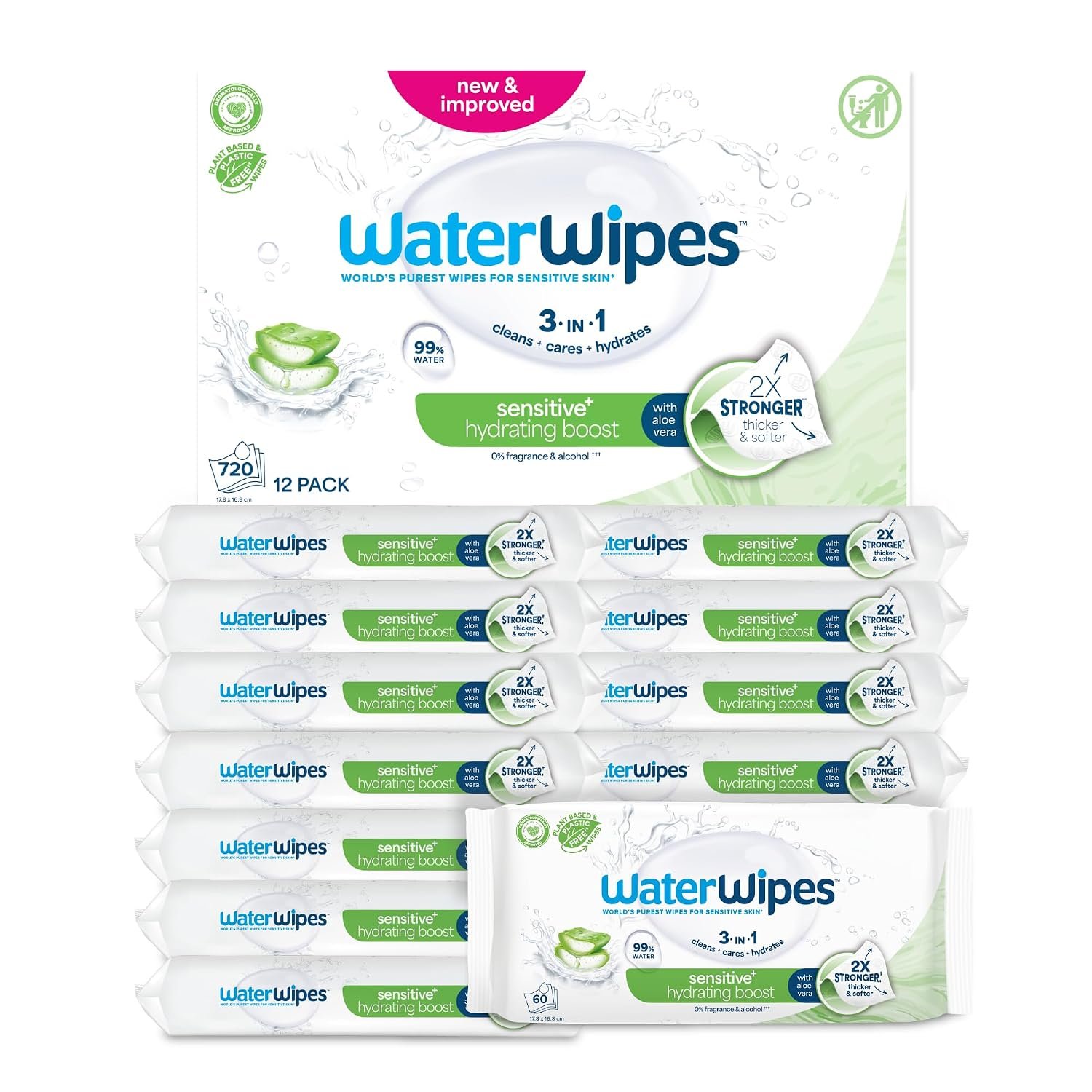 WaterWipes Sensitive+ Hydrating Boost Wipes, 720 Count (12 Packs), 3-In-1 Cleans, Cares, Hydrates, 99% Water with Aloe Vera, Unscented Baby Wipes