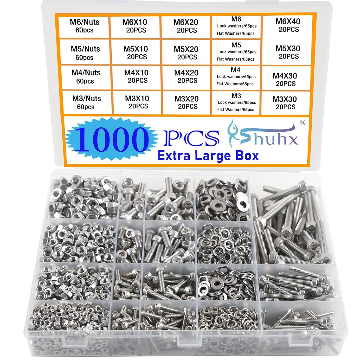 Rshuhx Ext Large Nuts and Bolts Set M3 M4 M5 M6 1000pcs Hexagon Socket Cap Screws 304 Stainless Steel Mechanical Screws Washers Nuts and Bolts Assortment Kit With Storage Box Hexagonal Wrench