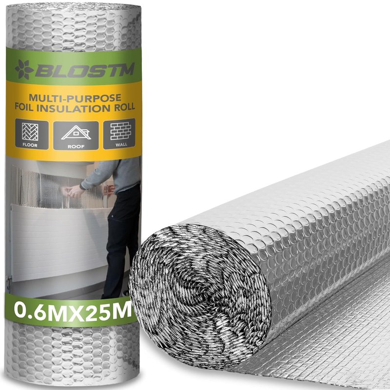 BLOSTM Foil Insulation Roll 25m x 60cm - Radiator Reflector Panels for Floor, Ceiling, Roof, Wall Insulation - 3-in-1 Reflective Foil Insulation Roll - Heat & Vapour Barrier Saves Energy