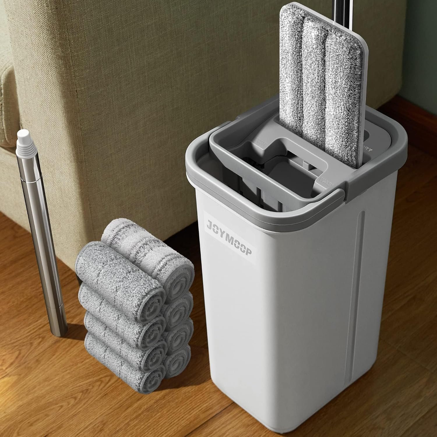 JOYMOOP Mop and Bucket with Wringer Set, Flat Squeeze Mop Flat Head Mop, Dust Mops for Wall Cleaner with Long Handle, Wet and Dry Use Microfiber Mops for Floor Cleaning