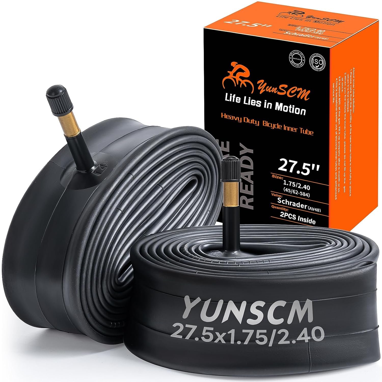 YunSCM 2PCS 27.5" Heavy Duty Bike Tubes 27.5x1.75 27.5x1.95 27.5x2.10 27.5x2.25 27.5x2.35 27.5x2.40 45/62-584 AV48mm Schrader Valve Compatible with 27.5x1.75/1.95/2.10/2.25/2.35/2.40 Bike Tyre