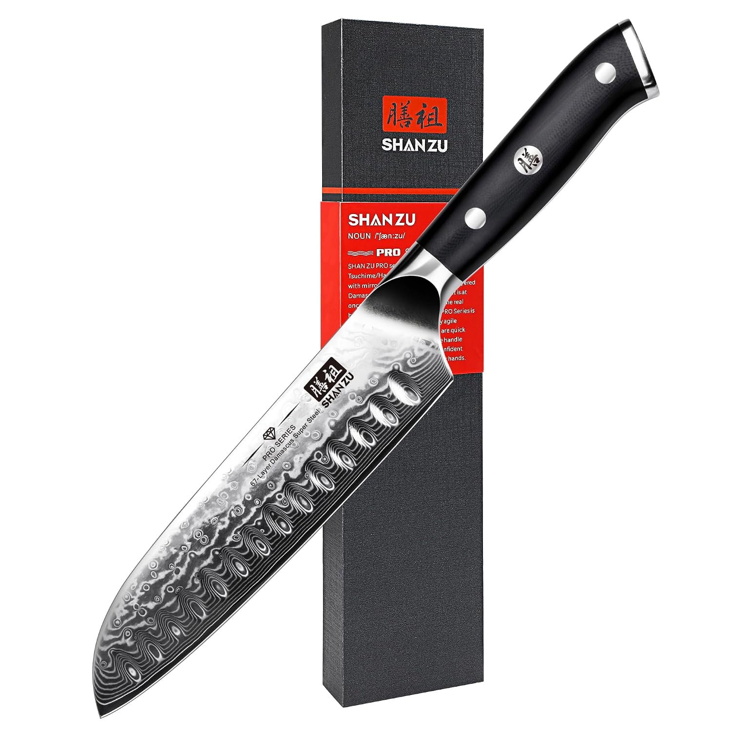 SHAN ZU Kitchen Santoku Knife 7 Inch Professional Damascus Knife 67 Layers Japanese Chef Knife Ultra Sharp High Carbon Super Steel Kitchen Utility Knives with G10 Handle