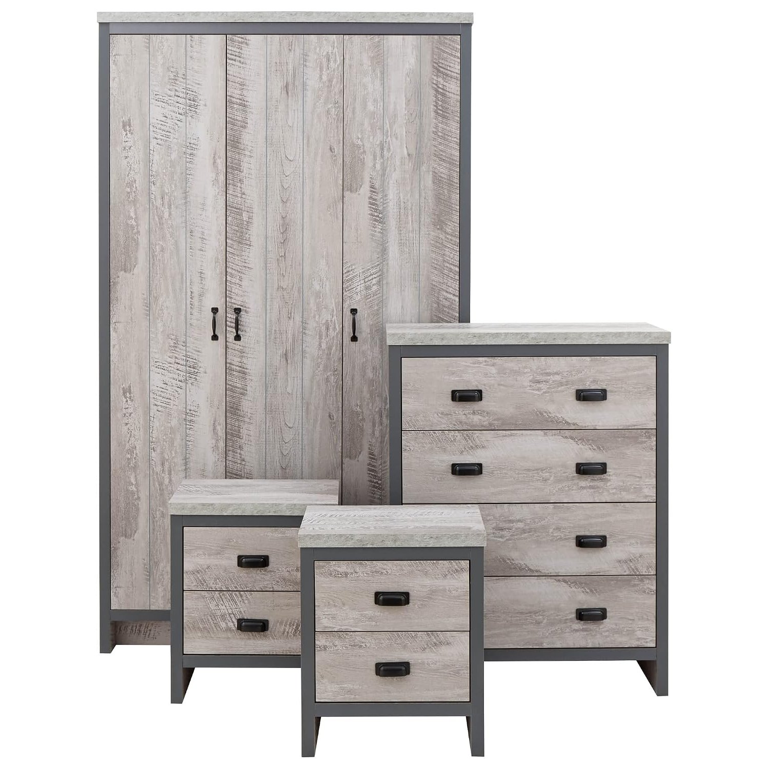 GFW Boston Bedroom Furniture Sets With 2 Bedside Table, Chest Of Drawers & Wardrobe, Contemporary Wooden Matching Cabinets for Bedroom Sets, Grey, 4 Piece Furniture Suites