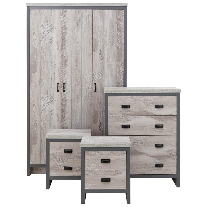 GFW Boston Bedroom Furniture Sets With 2 Bedside Table, Chest Of Drawers & Wardrobe, Contemporary Wooden Matching Cabinets for Bedroom Sets, Grey, 4 Piece Furniture Suites