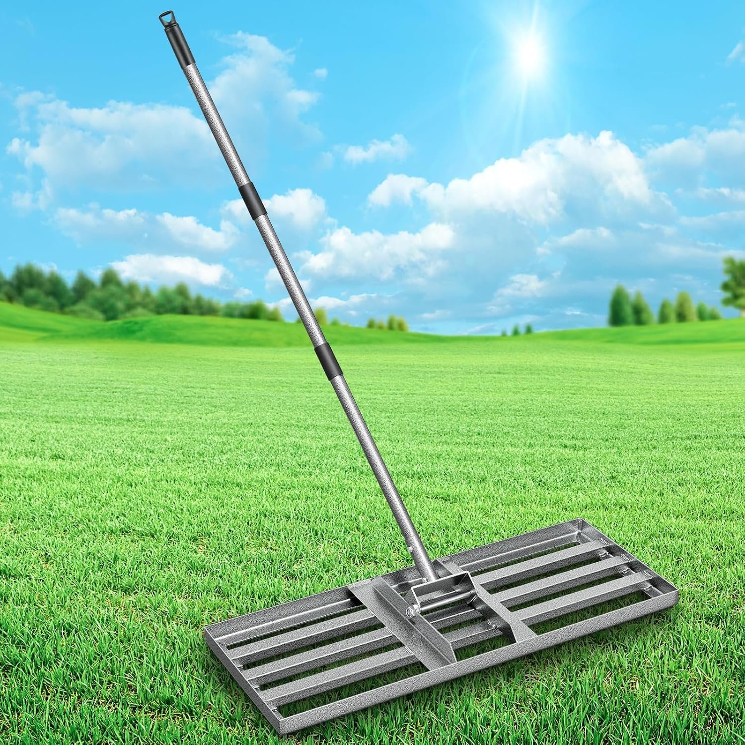 Fuuner Lawn Levelling Rake, 76 × 26 cm Fully Welded Carbon Steel Garden Rake with 182 cm Thickened Handle, 0–180° Adjustable Lawn Lute for Quick Top Soil & Top Dressing, Ideal for Yards & Golf Courses