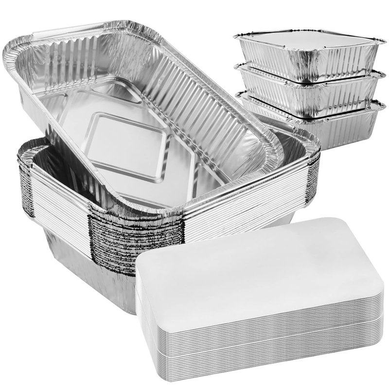 ASelected 50PCS Disposable Aluminium Large Foil Trays with Lids, 26x19x6cm Tin Foil Trays for BBQ, Roasting, Baking, Cooking, Broiling 1900ml Silver Foil Trays Containers