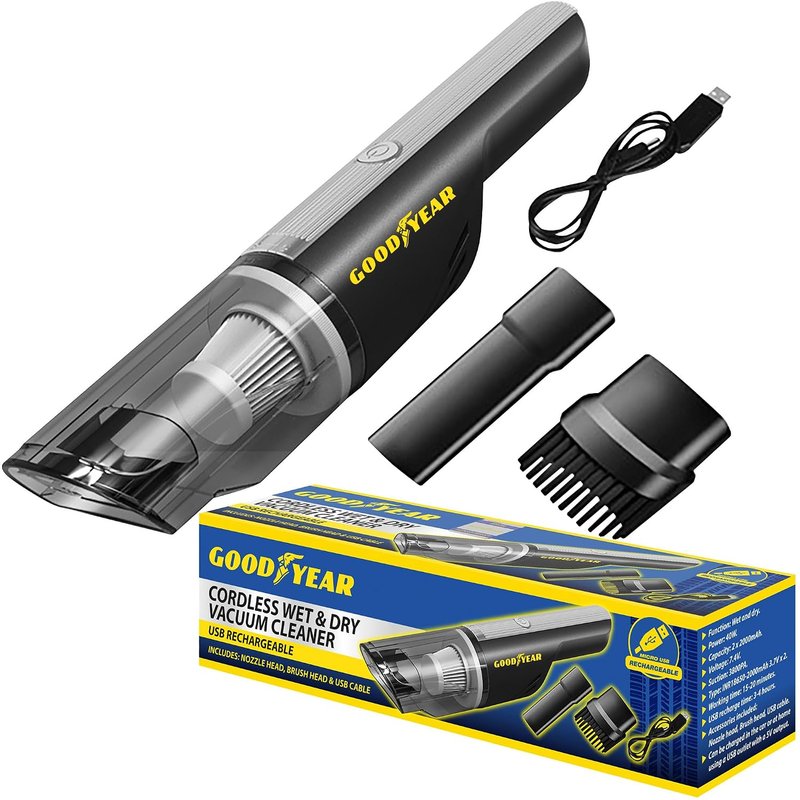 Goodyear Cordless car vacuum cleaner Rechargeable USB port with 5V output |Long Working time| Fast Recharge time |Power: 120W |Voltage: 8.4V |Suction : 3500PA| Accessories Nozzle, Brush |USB cable