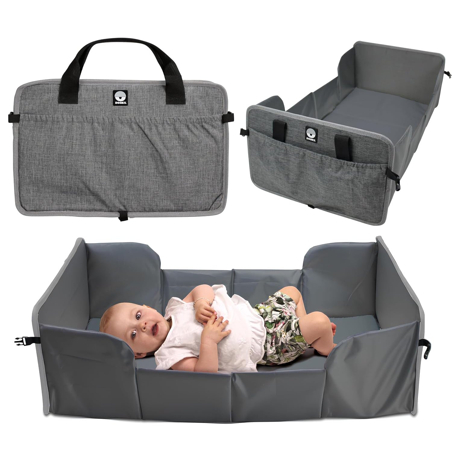 Dooky Portable Pop-Up Baby Travel Cot/ Crib, Lightweight, Compact, Includes 1 cm Thick Mattress (38 x 73 x 1 cm), Folded out 41 x 75 cm, Folded 41 x 26 cm, Suitable upto 6 Months Age, Grey Melange