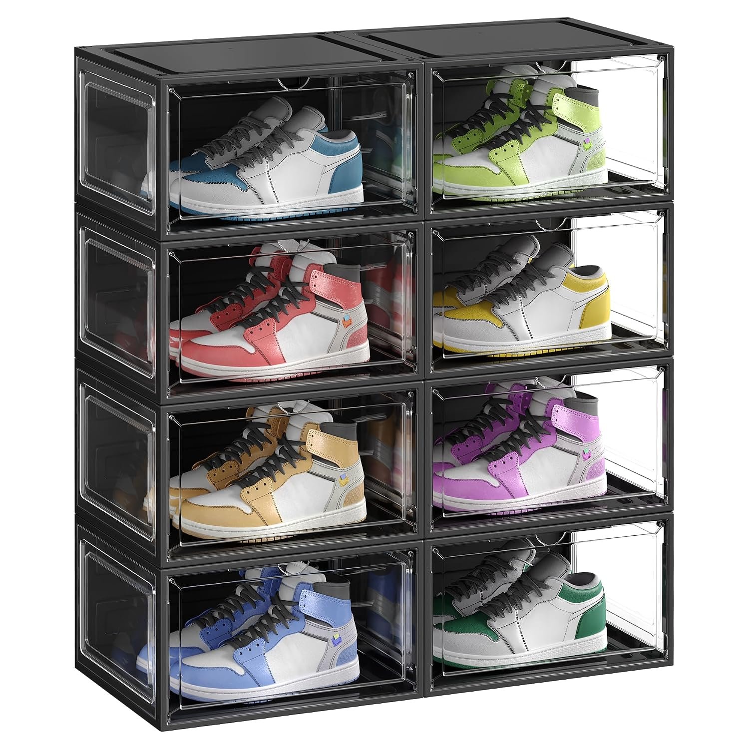 SONGMICS Shoe Boxes Set of 8, Stackable Shoe Organisers with Doors, 33 x 28.5 x 19.2 cm, Fits Shoes up to UK Size 11, Transparent Black LSP508B01