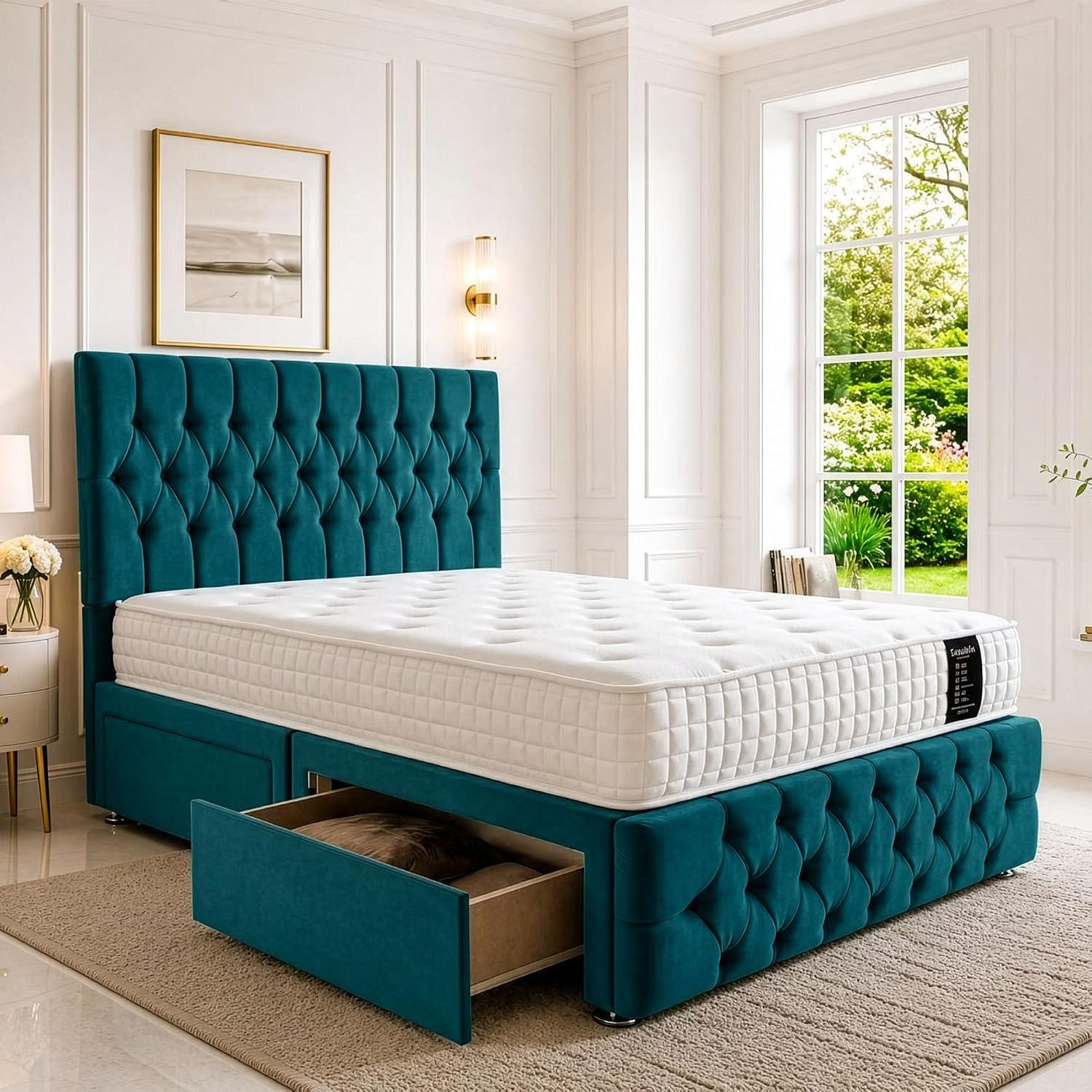 SANA SLEEP Sleek Double Bed 4FT6 with Headboard & Footboard - Jade Plush Finish - Includes Pocket Sprung Multi-Zone Mattress & 2 Drawers - Sturdy Divan Design for Compact Bedrooms