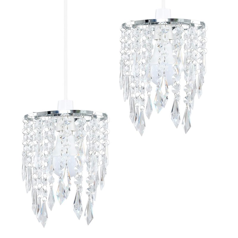 MiniSun | Chandeliers with Clear Jewel Effect Droplets | Pendant Lights, Home Décor & Improvement Essential | Set of 2 | 16cm Shade Width