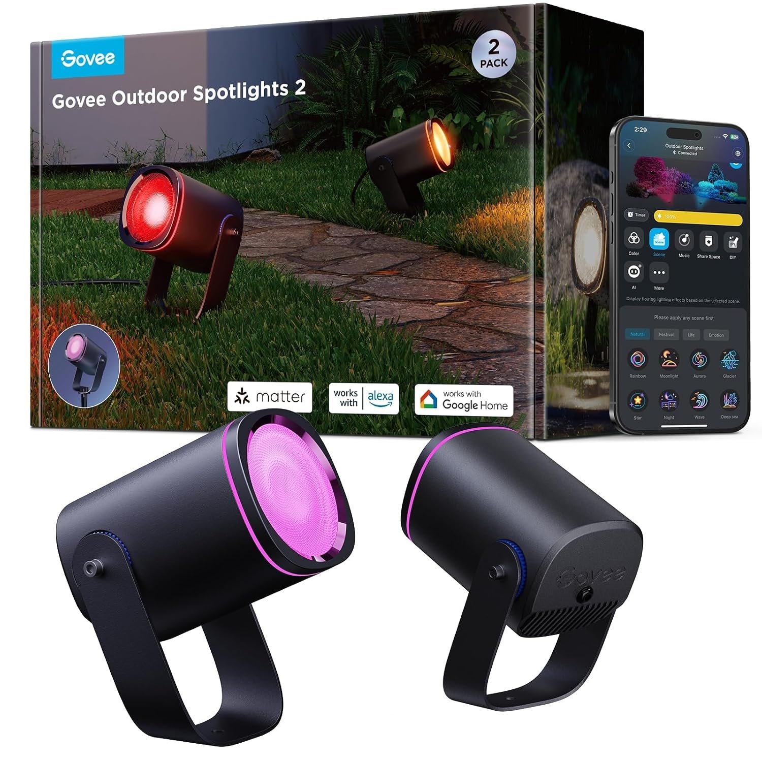 Govee Outdoor Spotlight, Waterproof Garden Lights, RGBWIC LED Outdoor Lights, Dimmable 700lm with 69 Scene Modes and 16 Million Colors for Patio, Works with Alexa, Google Assistant, and Matter. 2 Pack