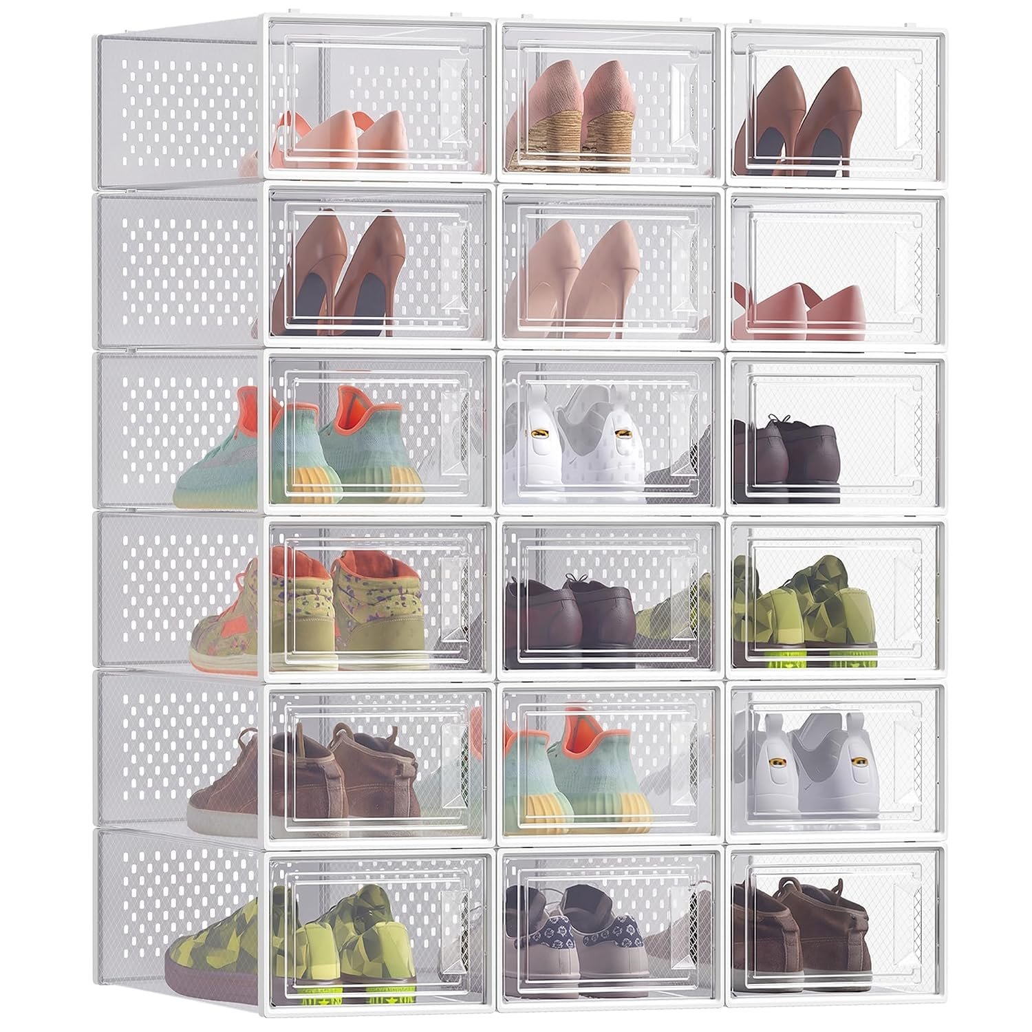 SONGMICS Shoe Boxes, Pack of 18 Stackable Shoe Storage Organisers, Foldable and Versatile for Sneakers, Fit up to UK Size 11, Cloud White LSP18SWT