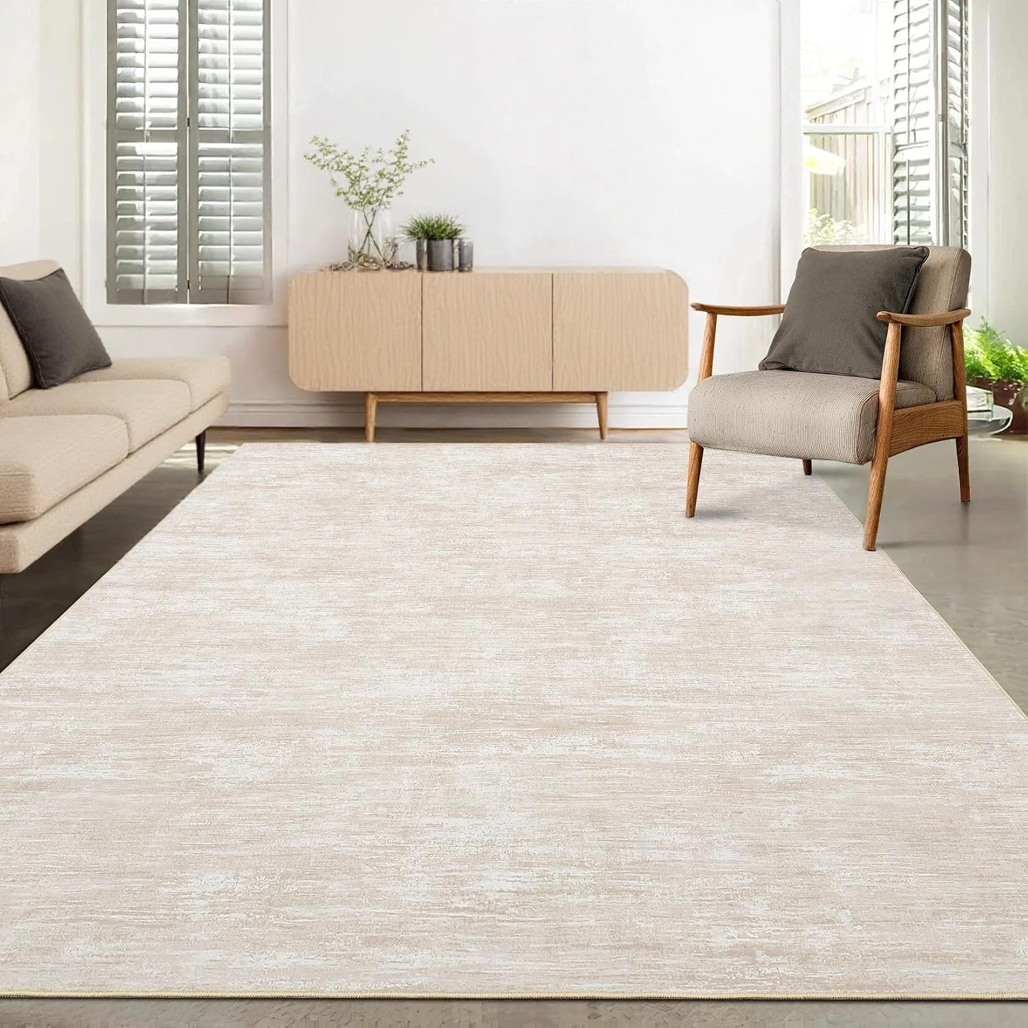 LuxFocus 160x230 cm Modern Solid Rug Living Room, Washable Area Rug for Bedroom, Solid-colour Design with Texture, Non-Slip Low-Pile Carpet for Nursery Office Dining Room, Beige