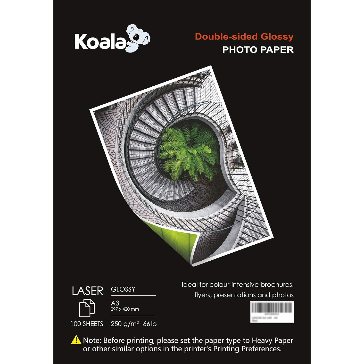 KOALA Double Sided Glossy Laser Photo Paper A3, 250gsm, 100 Sheets. Suitable for Laser Printer, for Printing Photos, Brochures, Covers, Certificates, Booklets, Flyers, Leaflets, Cards, Calendars