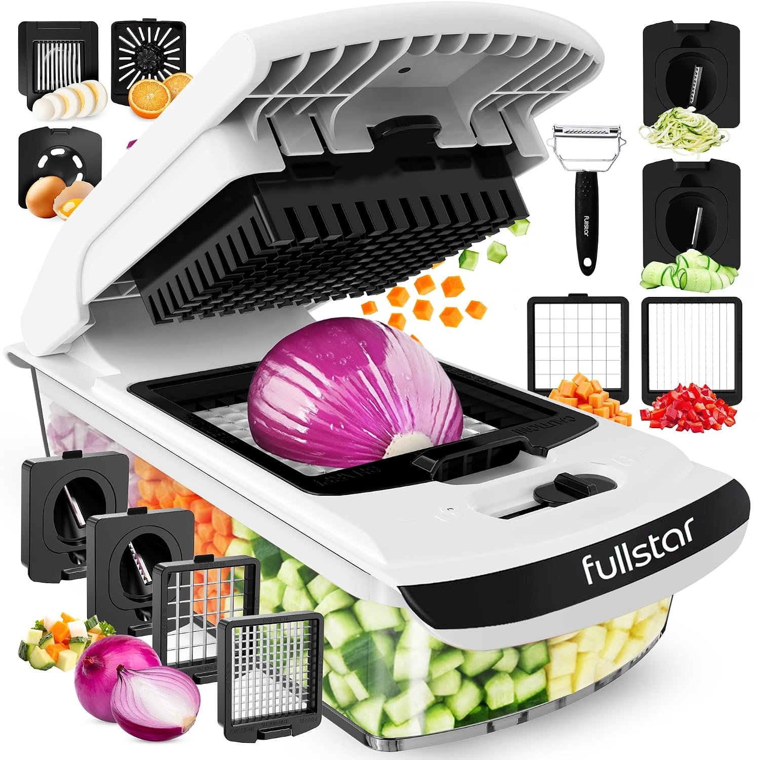 Fullstar (PRO Original Series) Vegetable Chopper & Spiraliser - 9 Stainless Steel Blades - Dicer & Veg Cutter - BPA-Free & Dishwasher Safe (PRO Original 9-in-1, White)