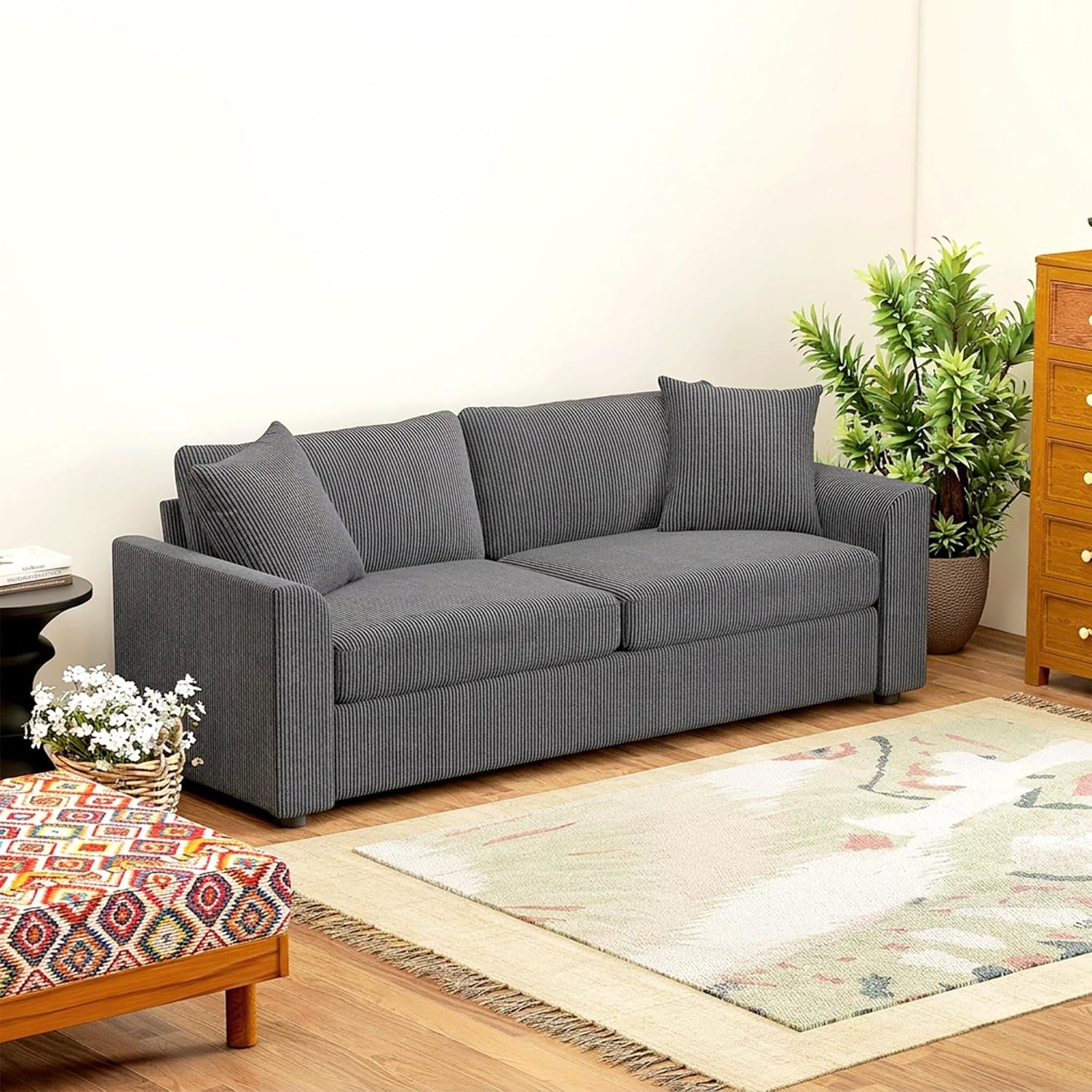 HOMCOM Modern 3 Seater Sofa with Spring Cushion, 212 cm Fabric Jumbo Cord Sofa Couch with 2 Scatter Cushions, Upholstered Corduroy Settee for Living Room, Bedroom, Home Office, Grey