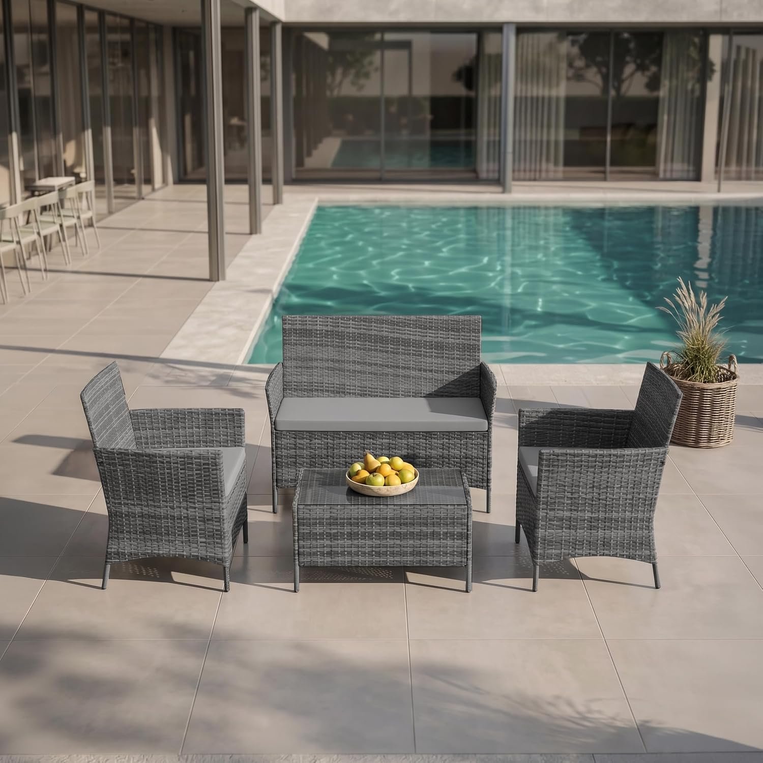 EVRE Grey Rattan Garden Furniture Set Patio Conservatory Balcony Indoor Outdoor 4 Seater Piece Glass Top Coffee Table Modular Sofa Loveseat with Cushions