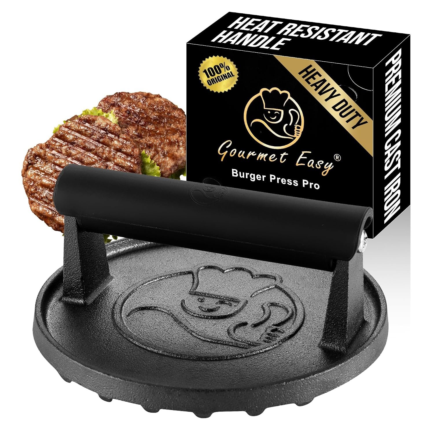 Smash Burger Press for Griddle, 5-Year Warranty, 2 lb Heavy Duty Burger Smasher Tool with Heat-Resistant Handle, Premium Cast Iron Griddle Accessories, Hamburger Press for BBQ Grilling Accessories