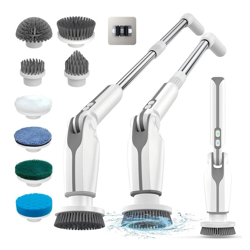 Leebein Electric Spin Scrubber, Upgraded Electric Scrubber for Cleaning, Spin Scrubber with Long Handle & 8 Replaceable Brush Heads, Remote Control Shower Cleaner Brush for Bathroom, Floor
