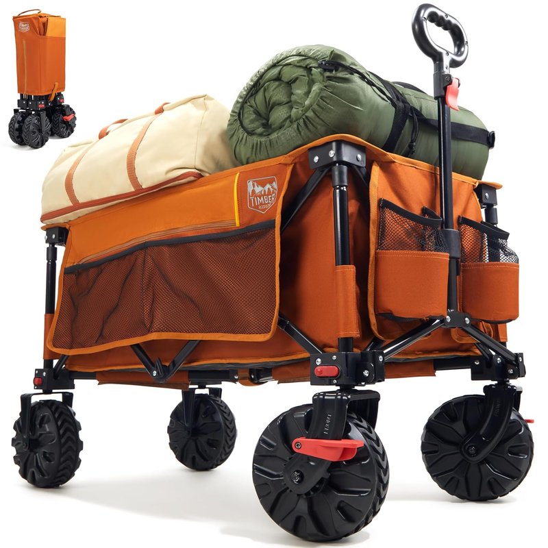 TIMBER RIDGE Festival Trolley on Wheels with Brakes, 200L Foldable Camping Trolley Cart with Adjustable Handle & Cover Bag, 100kg Heavy Duty Beach Cart Wagon for Outdoor Garden Picnic (Orange)