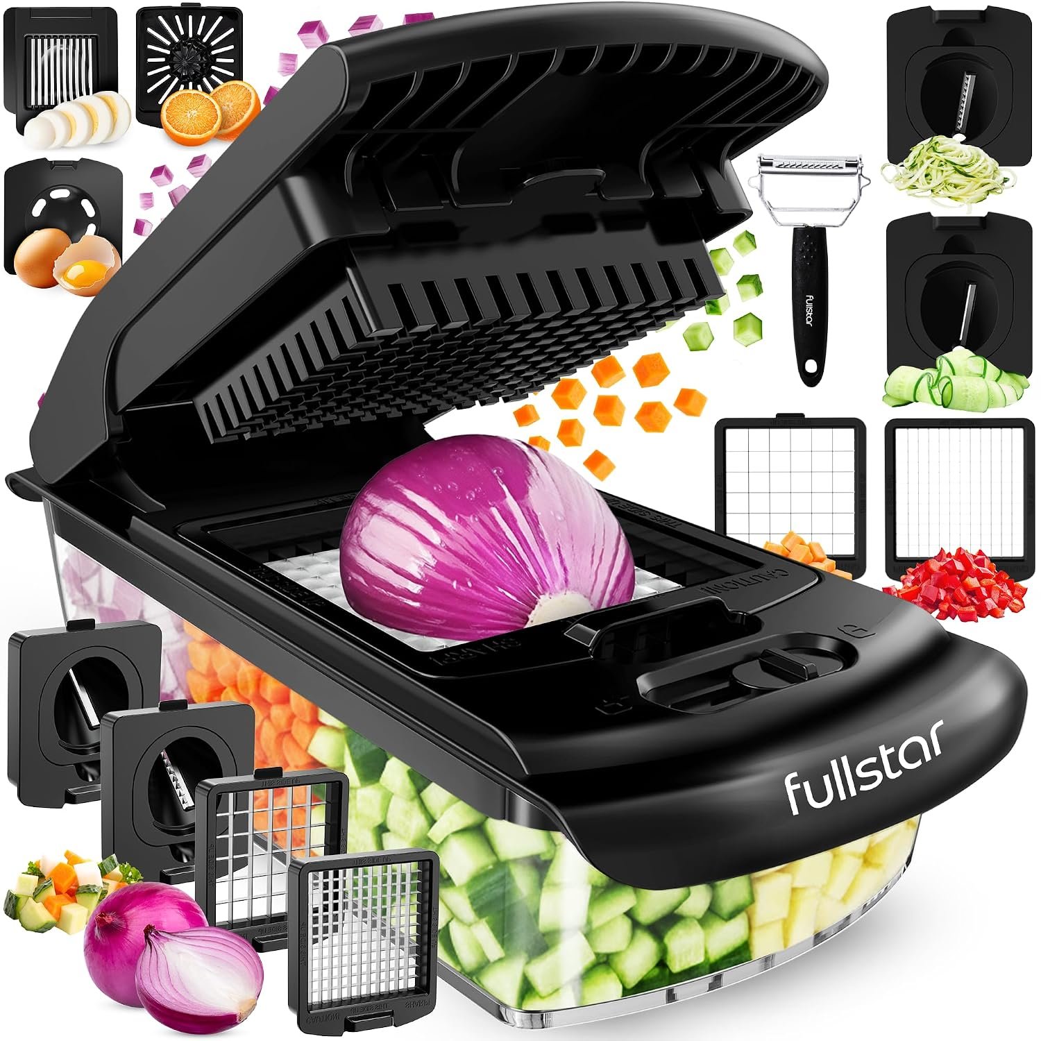 Fullstar (PRO Original Series) Vegetable Chopper & Spiraliser - 9 Stainless Steel Blades - Dicer & Veg Cutter - BPA-Free & Dishwasher Safe (PRO Original 9-in-1, Black)