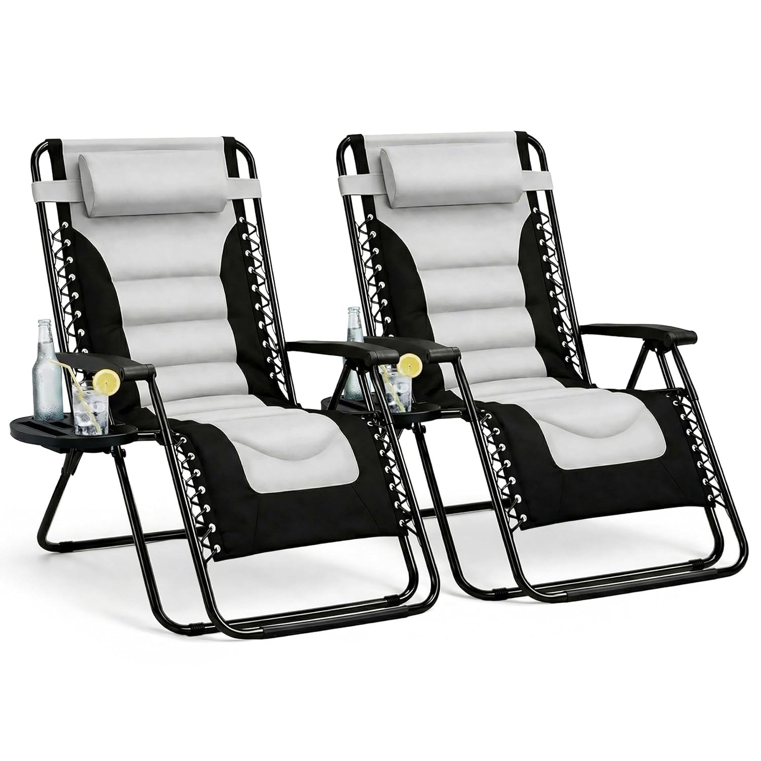 Straame XXL Padded Zero Gravity Chairs Set of 2, Folding Reclining Garden Chairs, Camping Chair Sun Loungers, Lockable 160° Patio Recliners with Adjustable Headrest (Padded, Grey)