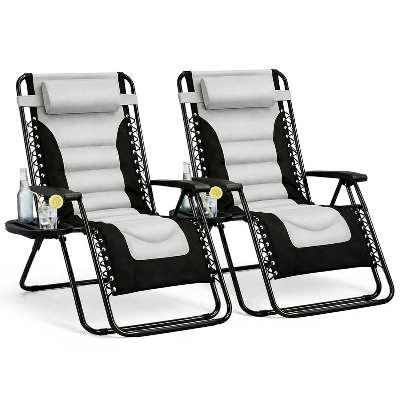 Straame XXL Padded Zero Gravity Chairs Set of 2, Folding Reclining Garden Chairs, Camping Chair Sun Loungers, Lockable 160° Patio Recliners with Adjustable Headrest (Padded, Grey)