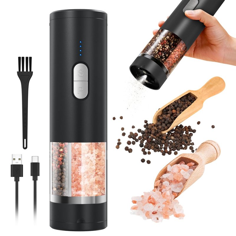 2 in 1 Electric Salt and Pepper Grinder Set (USB Rechargeable), Automatic Salt and Pepper Mill with LED Lighting, One-Handed Operation Adjustable Coarseness - Perfect for Kitchen, BBQ Gifts Black