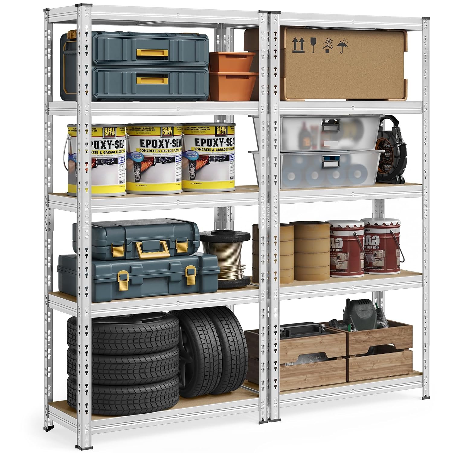 SONGMICS Heavy-Duty Storage Shelves, Set of 2, Garage Shelving Unit, 50 x 100 x 200 cm, Supports up to 875 kg, Easy Assembly, Storage Rack, Adjustable Shelves, Silver GLR447E02