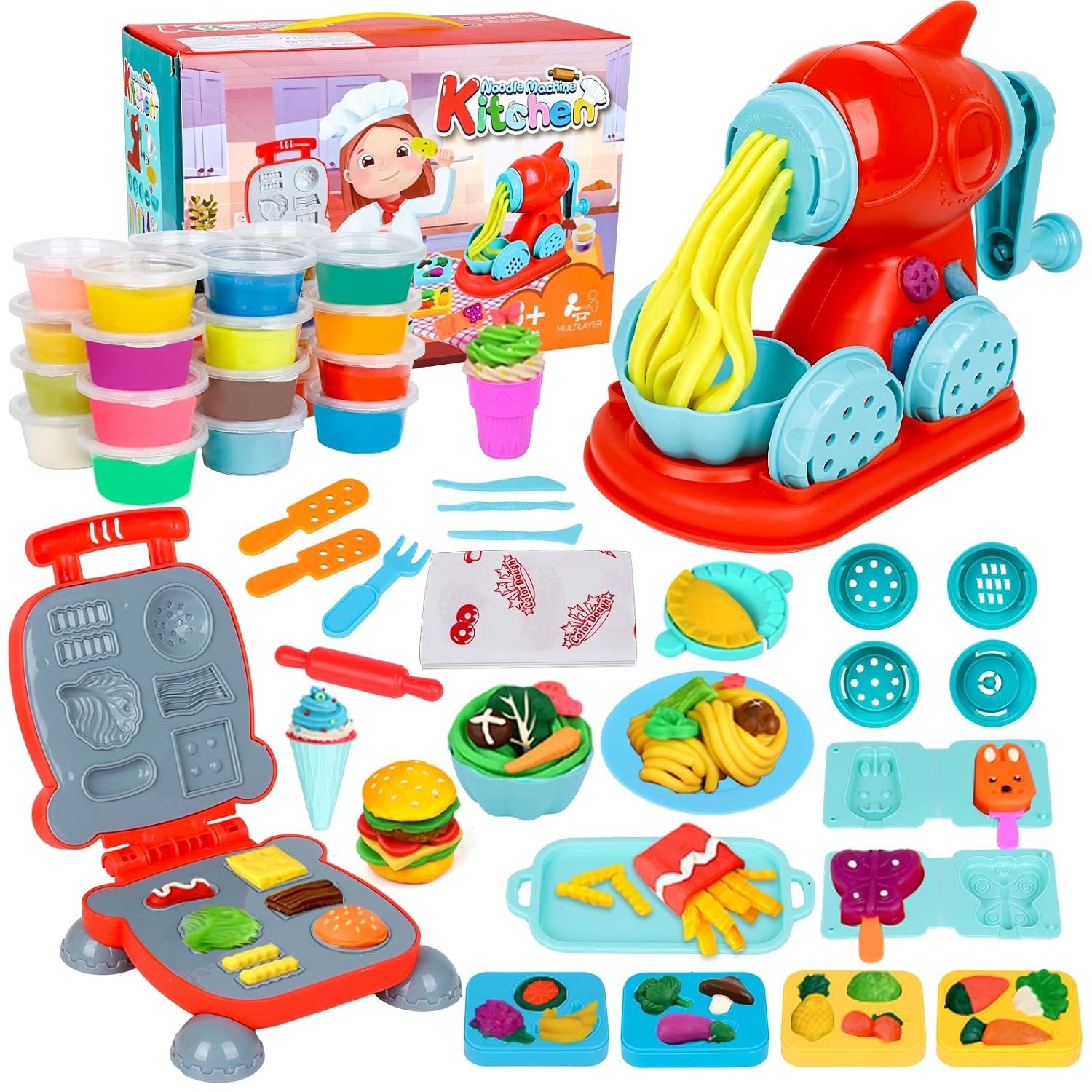 Jovicos Dough Tools and Cutters, 51Pcs Dough Tools Noodle Burger Set with 24 Colors Dough, Modelling Clay Set, Kitchen Creations, Educational Toy Gift for Kids Ages 3+