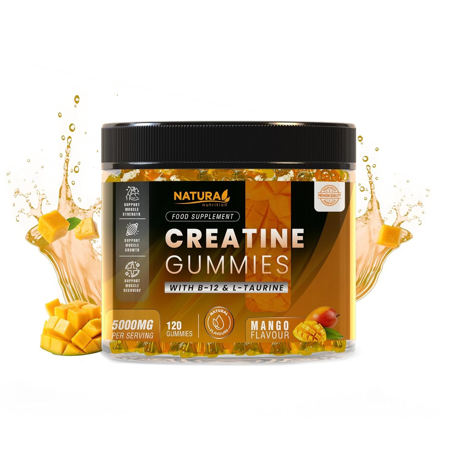 Creatine Gummies 5000mg Max Strength Creatine Monohydrate + B12 & L-Taurine – Build Muscle, Boost Energy & Speed Recovery – Mango Pre Workout for Men & Women – 120 Vegan Gummies | 30 Day Supply