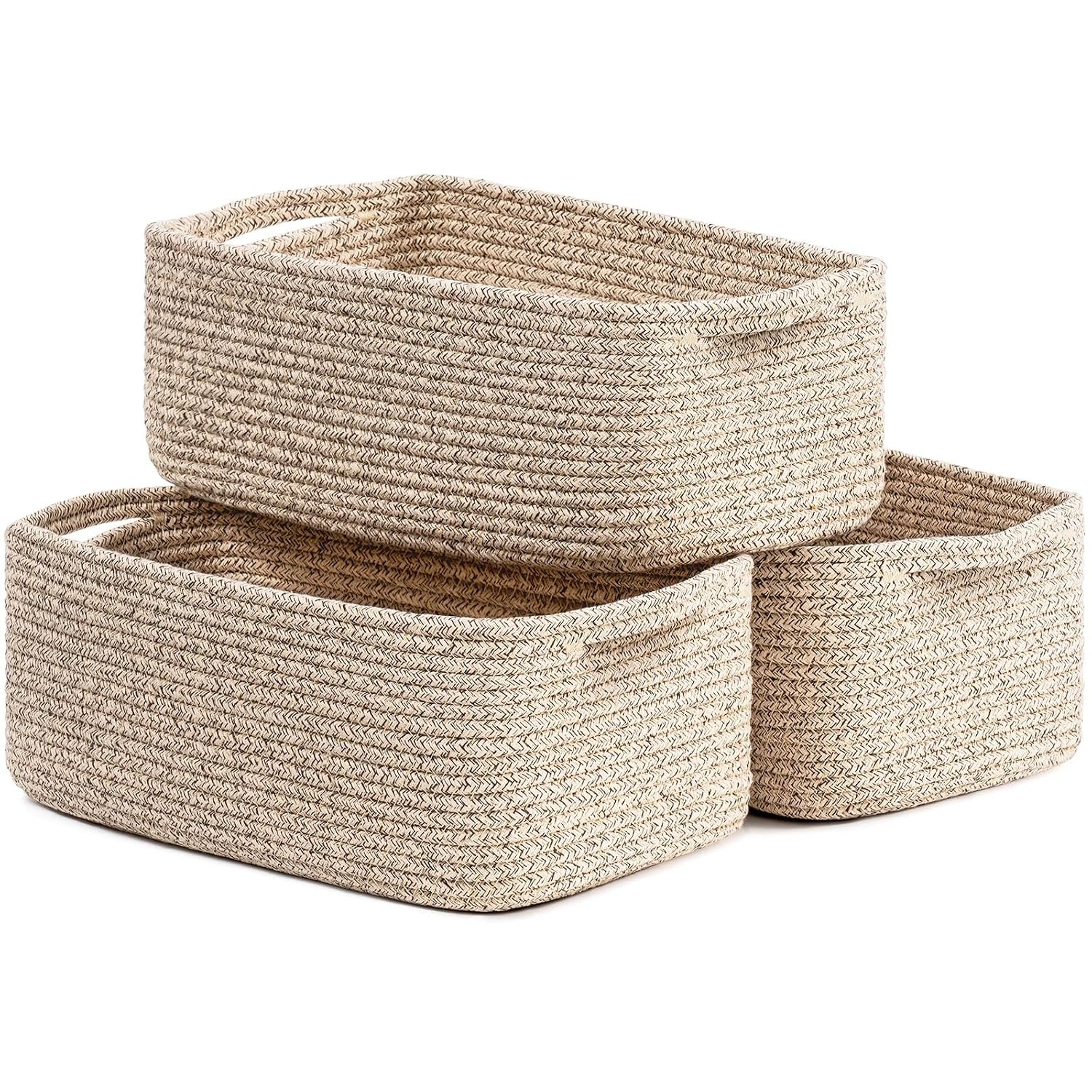Storage Baskets, Closet Shelf Organizers for Gifts Empty, Baskets for Shelves, Dog Toy Basket, Woven Basket for Storage for Towels for Organizing 3 Pack, White & Brown, 33 x 20 x 13 cm