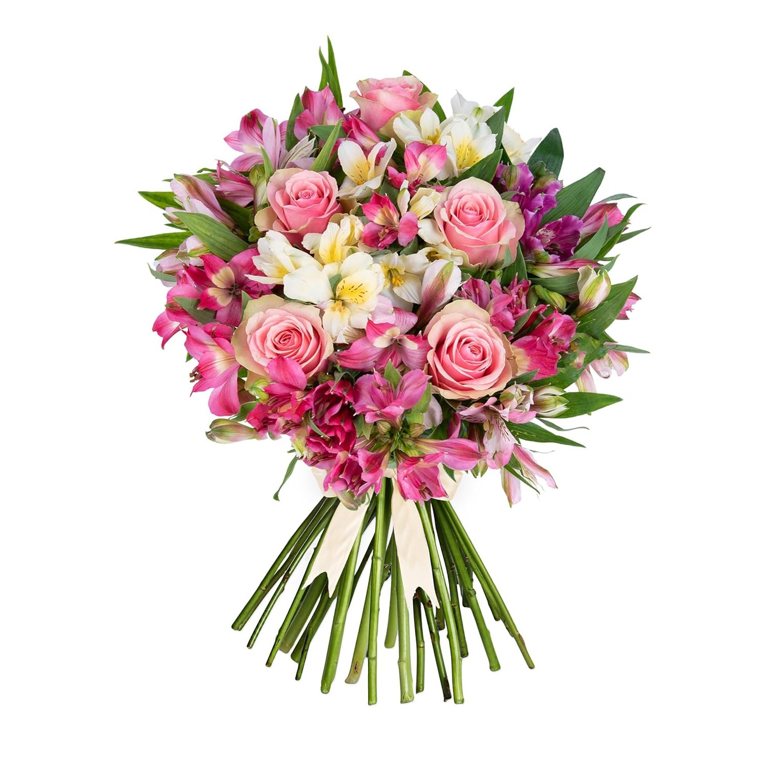Peruvian Lily and Rose Bouquet – Handcrafted Fresh Flowers Featuring Cerise, Pink, White and Yellow Alstroemeria with Belle Roses – Long-Lasting Gift for Birthday, Anniversary or Any Occasion
