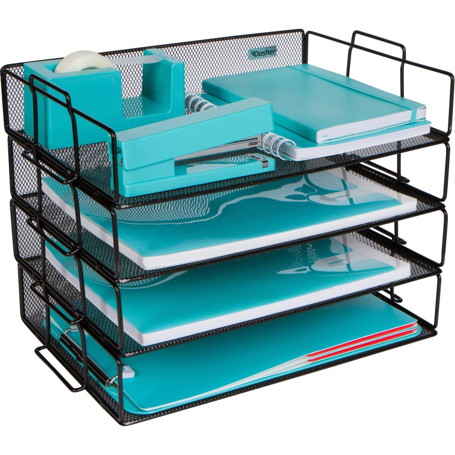 Dasher Products Stackable Paper Tray Desk Organizer 4 Tier Metal Mesh Letter Organizers for Business. Organize Files, Folders, Letters, Paper, Binders