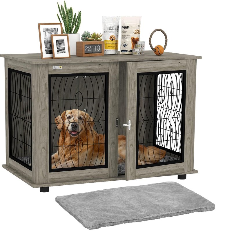PawHut Dog Crate Furniture, Dog Cage with Soft Washable Cushion, Furniture-Style Pet Kennel Indoor House End Side Table for Small Medium Large XL Breeds, 118 x 75 x 82 cm, Grey