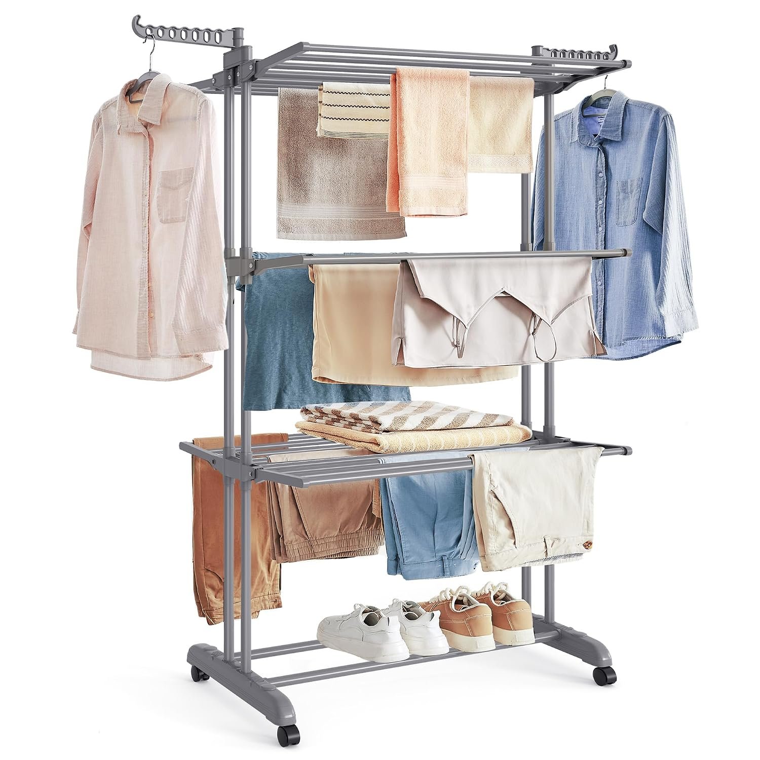 SONGMICS Large Clothes Airer, Foldable Clothes Drying Rack Laundry 4-Tier, Moveable, 64 x 126 x 172 cm, Stainess Steel, Folding Wings, Easy Assembly, Indoor Outdoor Use, Grey LLR701G01