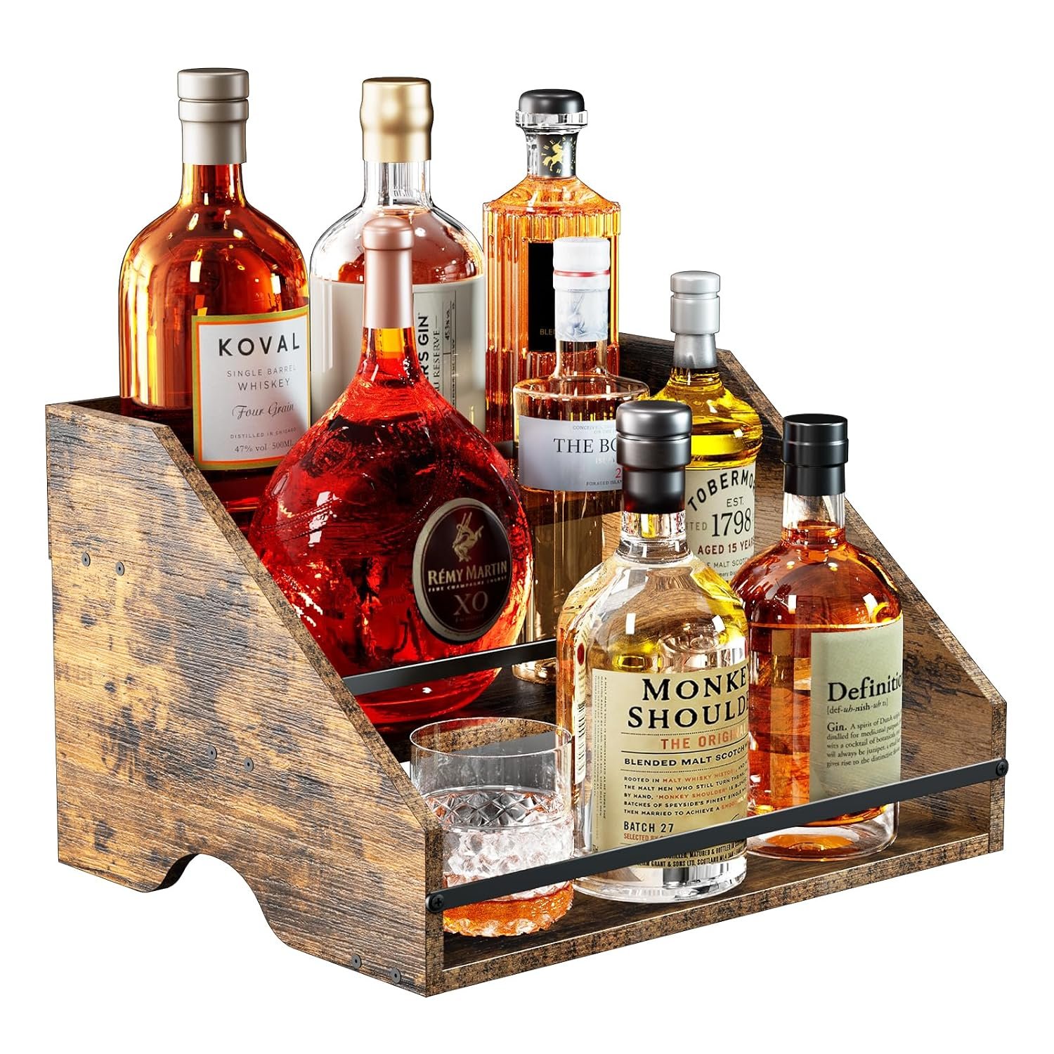 Nuovoware Liquor Bottle Display Shelf, Coffee Syrup Organizer, 3 Step Countertop Liquor Wine Rack, Home Retro Shelf Stand for Cabinet, Bar Essentials, Wooden