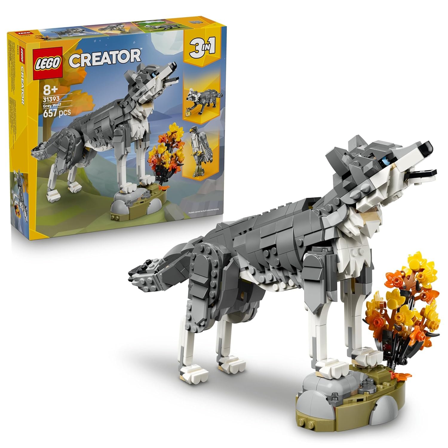 LEGO Creator 3 in 1 Forest Animals: Grey Wolf Toy - Animal Figure Transforms into a Falcon or Raccoon - DIY Room Decor Idea - Birthday Gift for 8+ Year Old Girls & Boys - 31393