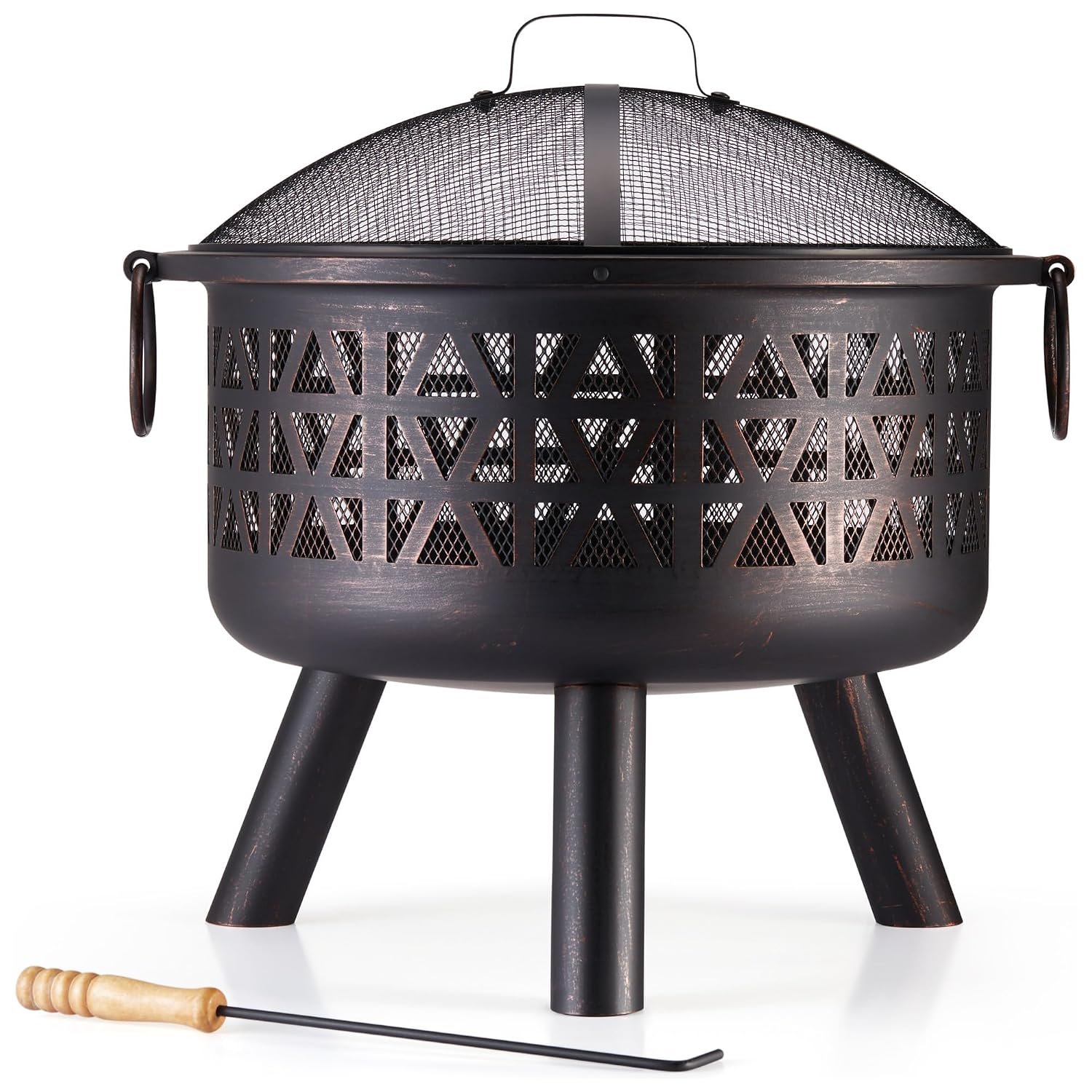 VonHaus Fire Pit – Firepit for Outdoor, Garden, Patio – Portable, Lightweight with Geometric Design, Brown Bronzed Steel, Fire Poker & Mesh Guard Included, Carry Handles – Use Wood or Charcoal to Fuel