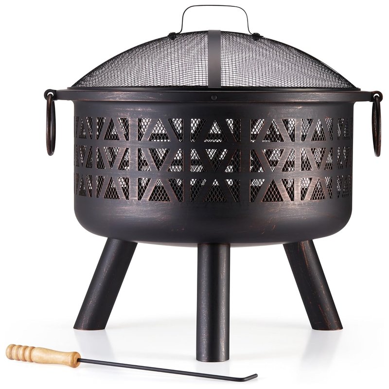 VonHaus Fire Pit – Firepit for Outdoor, Garden, Patio – Portable, Lightweight with Geometric Design, Brown Bronzed Steel, Fire Poker & Mesh Guard Included, Carry Handles – Use Wood or Charcoal to Fuel