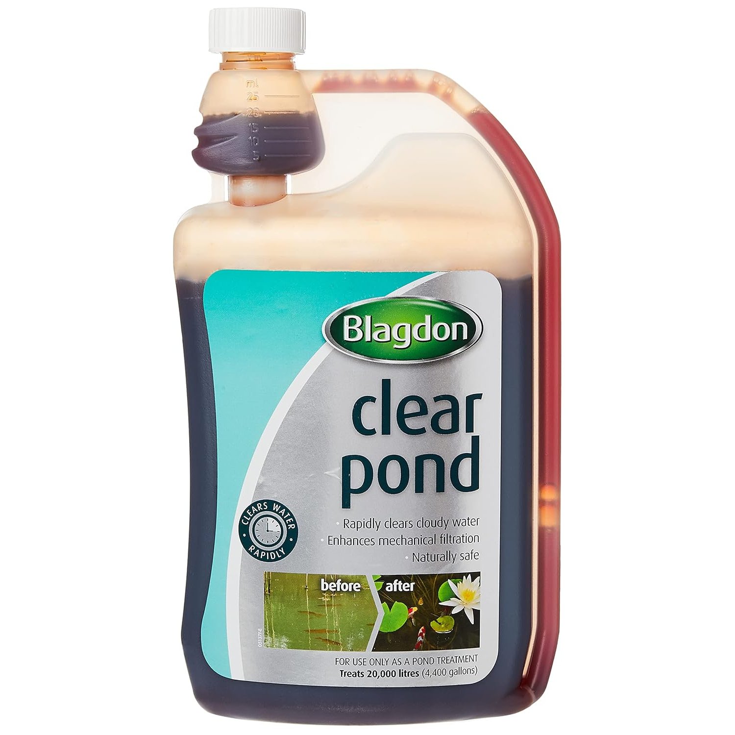 Blagdon Clear Pond Water Treatment, 1 Litre, Clears Dirty Green or Brown Cloudy Water Quickly, Natural, Wildlife Safe, Harmless to Fish and Filter Bacteria, 1L, Treats 20,000 Litres of Water