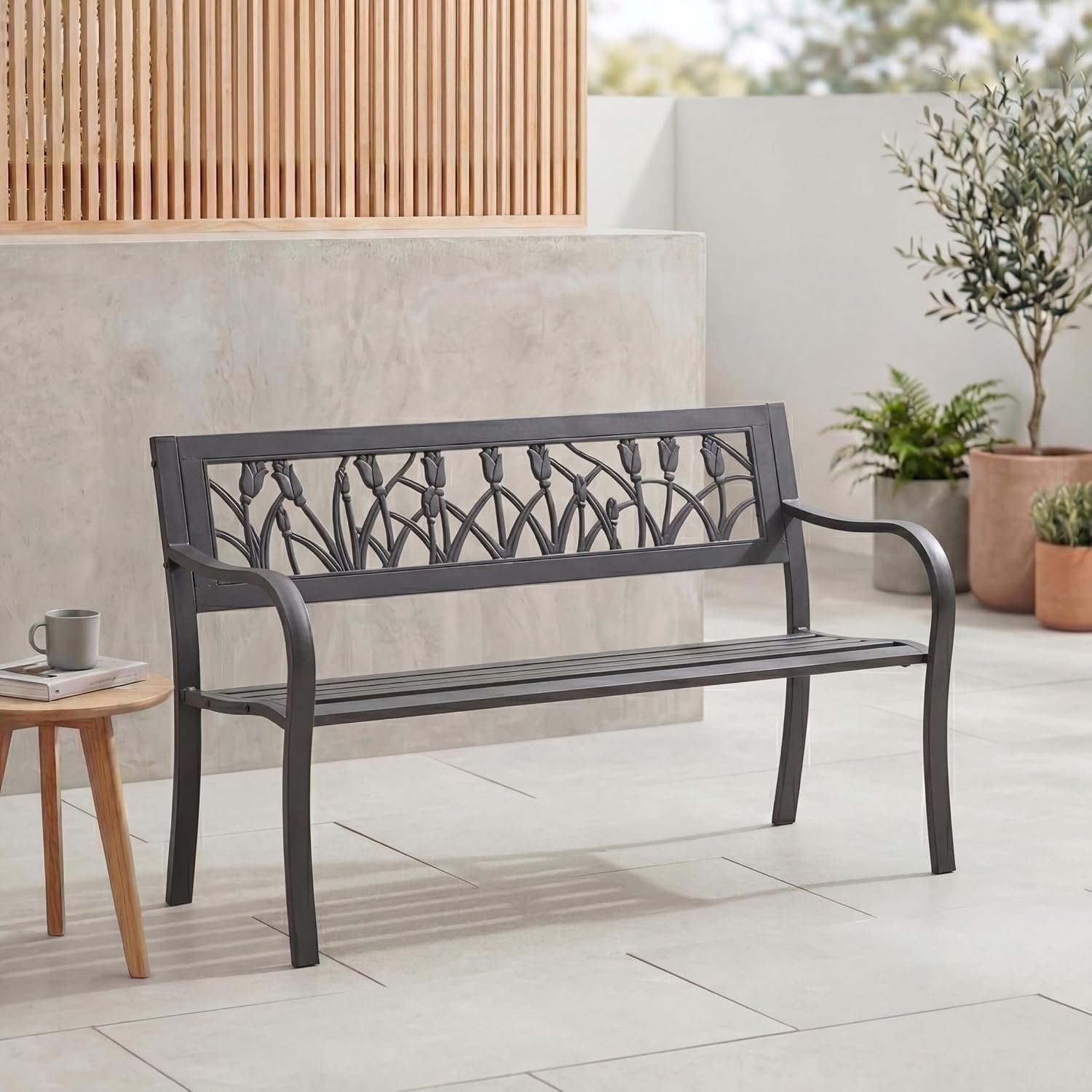 Garden Vida Steel Garden Bench, Tulip Design 3 Seater Outdoor Furniture Seating Park Patio Seat