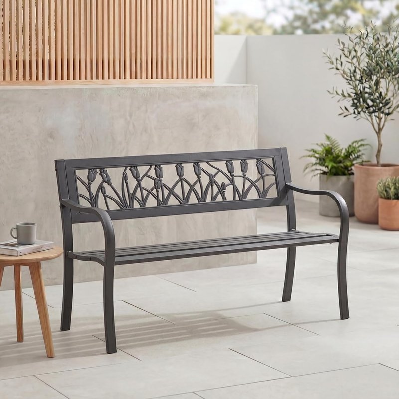 Garden Vida Steel Garden Bench, Tulip Design 3 Seater Outdoor Furniture Seating Park Patio Seat