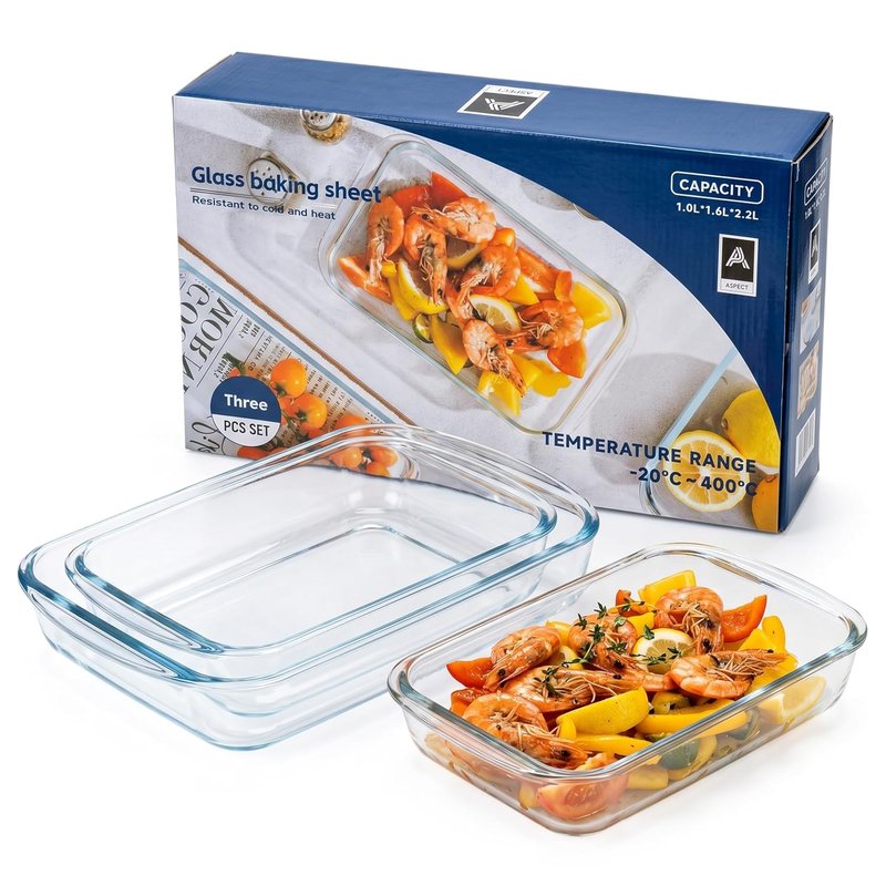 Aspect Glass Baking Tray Set of 3, Borosilicate Glass Oven Dishes with Non Stick Baking Surface, Freezer to Oven Safe Bakeware Set -20°C to 400°C, Roasting, Baking & Cookie Sheet Trays 1L, 1.6L & 2.2L
