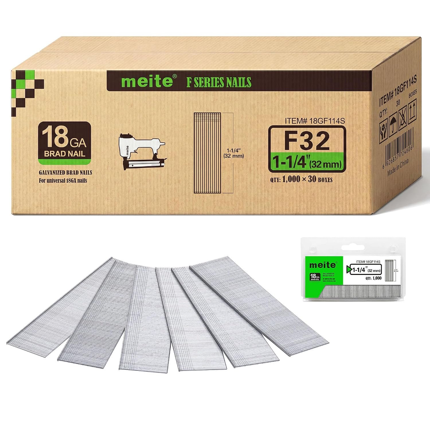 meite 18 Gauge Brad Nails 32 mm, Galvanised Brad Nails, 30,000 Counts