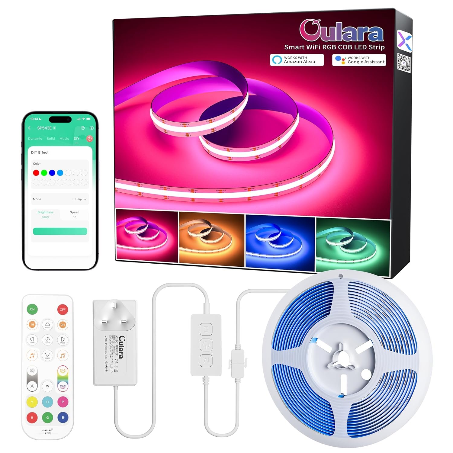 OULARA RGB COB LED Strip 10M Colour Changing Flexible LED Strip Lights Dimmable Multicolours RGB Lights with APP Control/Music Mode Work with Alexa/Google for Kitchen Party Home DIY Lighting Projects