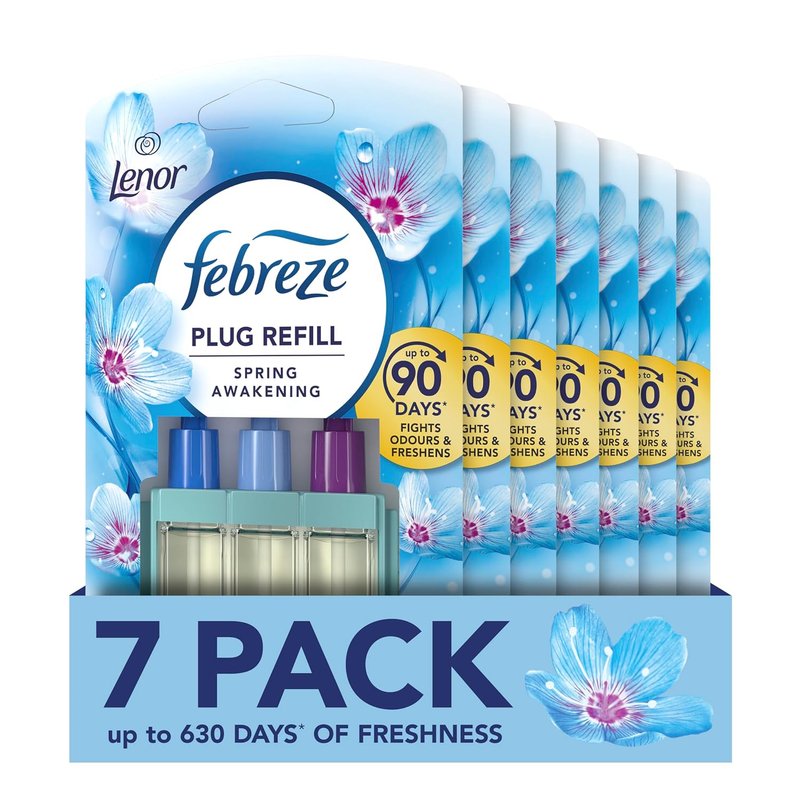 Febreze 3Volution Plug In Air Freshener Refill, Lenor Spring Awakening, 7 Refills (20ML X 7), Odour Fighter & Bathroom Air Freshener, Febreze Plug In Refill 3volution